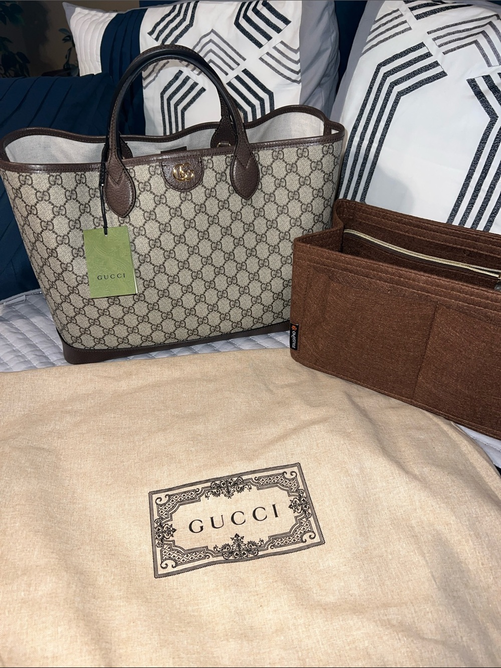 Gucci Beige GG Supreme Canvas Tote with Brown Trim and Handles